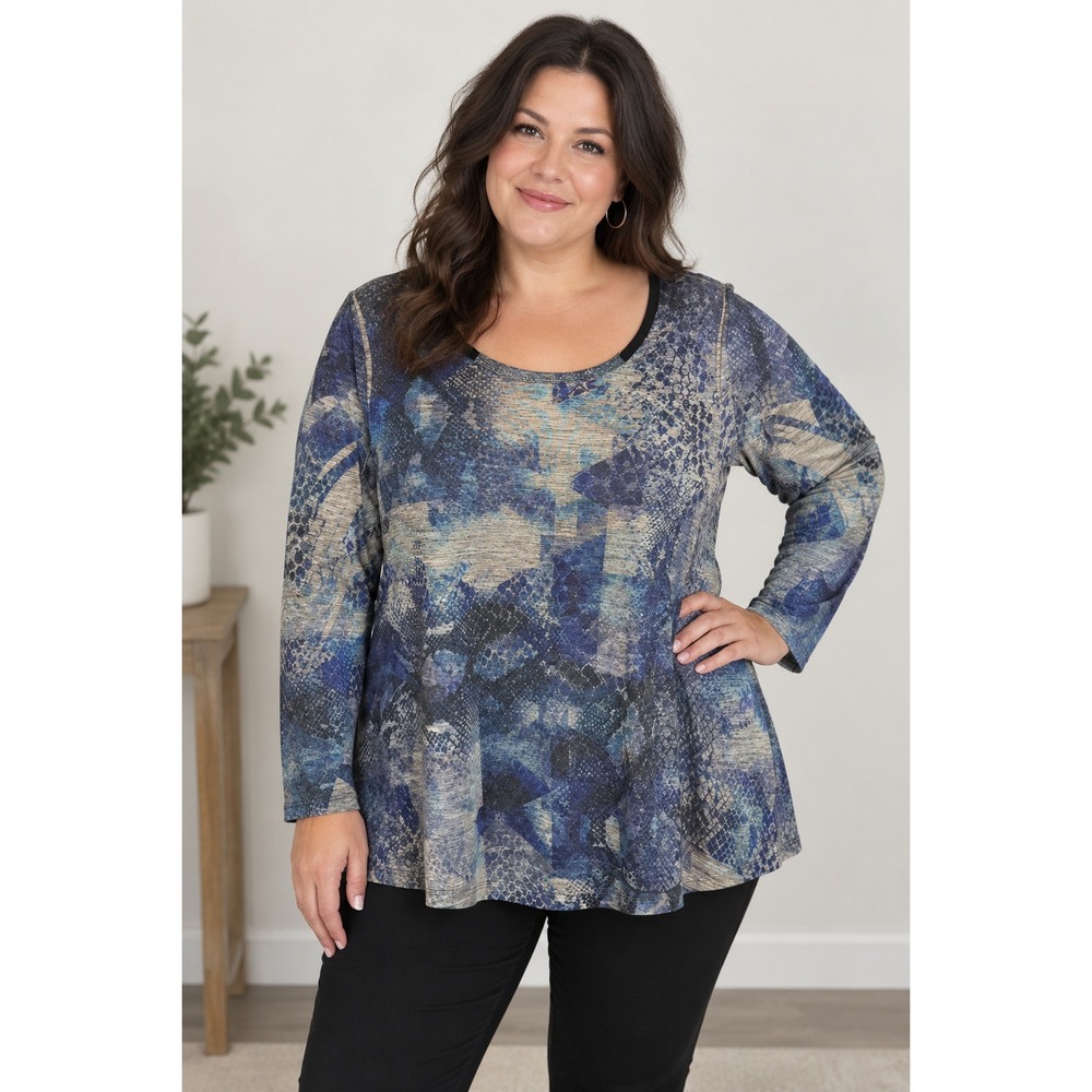 One World Blouse Women's 1X Snakeskin Print Scoop Neck Tunic Abstract Blue Gray